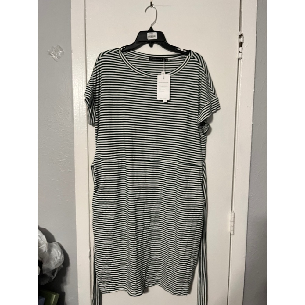 Merokeety Womens XL Striped T-Shirt Dress Green White Tie Waist Pockets Midi